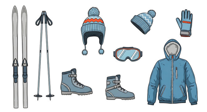 Winter ski equipment collection flat lay, including skis, poles, boots, goggles, hat, gloves, and jacket, in a pixel art style on a neutral background, winter sports gear