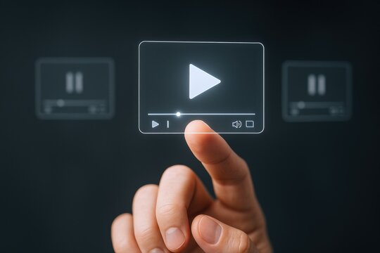 Finger pressing play button on glowing transparent media player interface with pause icons