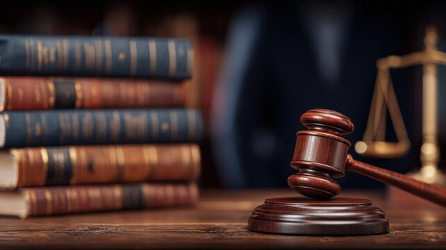 Gavel and Law Books Symbolize Justice and Legal Proceedings in Courtroom Setting