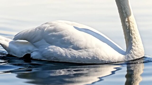 A graceful white bird floats peacefully on the calm water surface