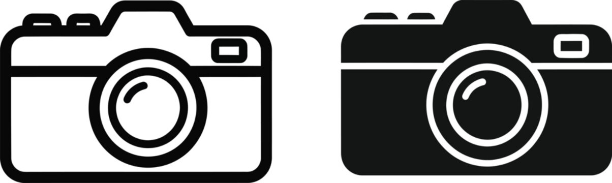 Two simple camera icons showing outline and filled styles for photography and media interface usage