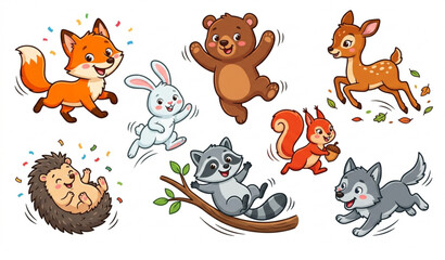 Obraz premium Playful forest animal vector set with cute cartoon wildlife characters in action poses for kids isolated on white