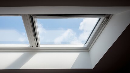 Bright modern interior ceiling window with a view of the blue sky and clouds © The Little Hut