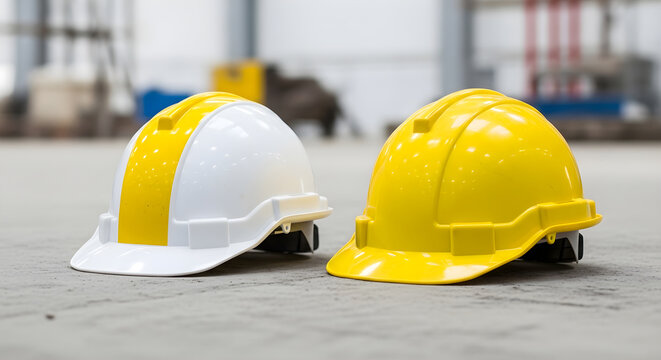 White and Yellow Protective Helmets on Workshop Floor for Professional Industrial Safety and Engineering Management