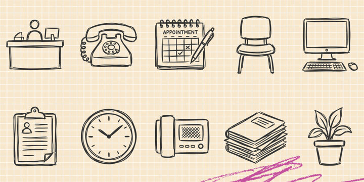 Black ink scribble doodle vector vintage hand drawn set of office workspace computer desk and business furniture