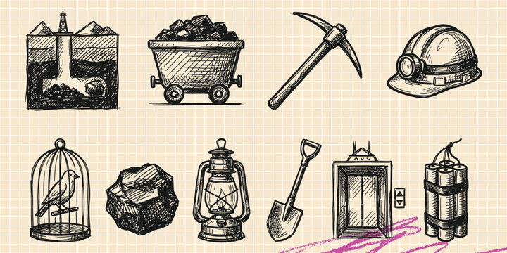 Black ink scribble doodle vector vintage hand drawn set of coal mining industry pickaxe lantern and equipment