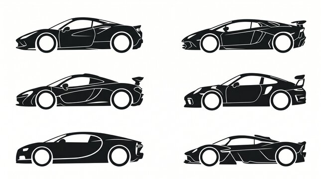 Elegant automotive silhouette set representing luxury speed cars with aerodynamic coupe shapes, simplified yet realistic proportions in a modern transport icon style.