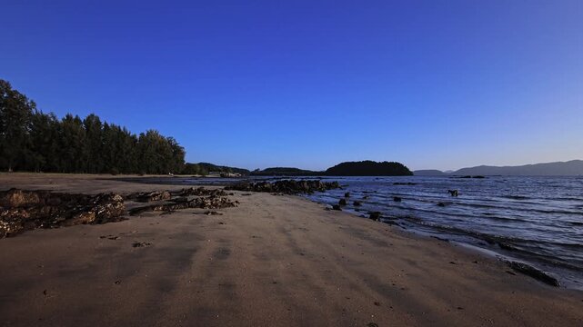 Sandy beach with rocky patches and distant island with lone dog under blue sky
