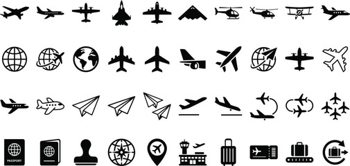 Air travel and aviation icon set with airplanes helicopters airport symbols and navigation vector collection © Niheranjan