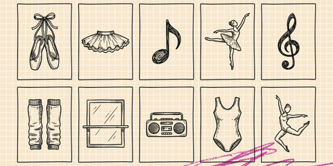 Black ink scribble doodle vector vintage hand drawn set of ballet dance gymnastics music and classical choreography © Broke Stoke
