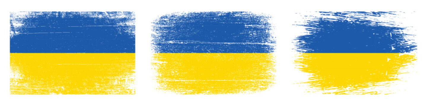 Three distressed Ukrainian flags with grunge texture in a row