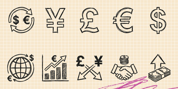 Black ink scribble doodle vector vintage hand drawn set of global currency exchange money symbols and banking finance