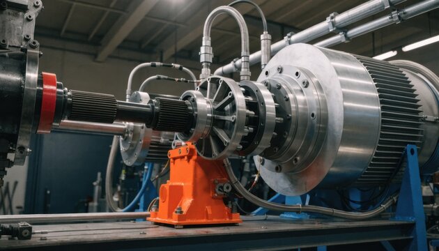 Medium shot of an agricultural driveline test bench assessing torque and performance of gearboxes and shafts in a simulated field load environment.
