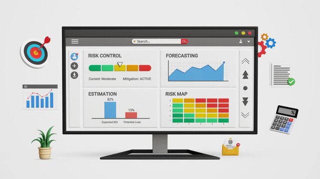 Risk Control, Risk Map Framework. Risk Assessment, Analysis, Compliance Monitoring, Mitigation Planning, Operational Safety and Business Continuity Management. Risk Control Map on Computer Screen. 3D