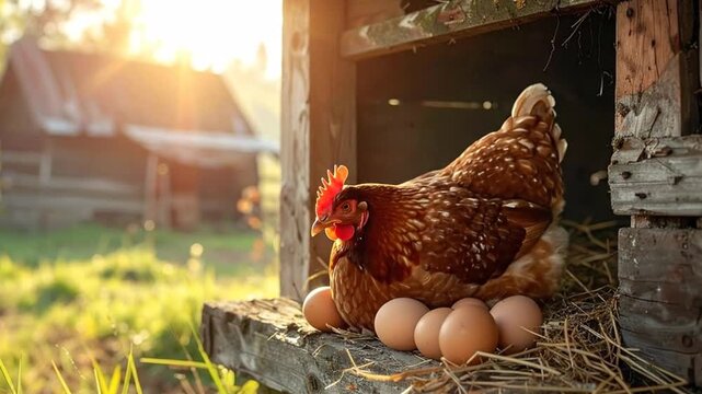 A hen sits in a wooden coop with eggs in the warm morning sunlight
