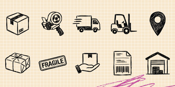 Black ink scribble doodle vector vintage hand drawn set of shipping logistics delivery truck location map and cargo