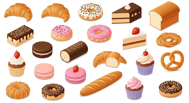 Collection of pixel art pastries and baked goods including croissants, donuts, cakes, bread, and macarons, presented on a white background, perfect for digital design or game assets