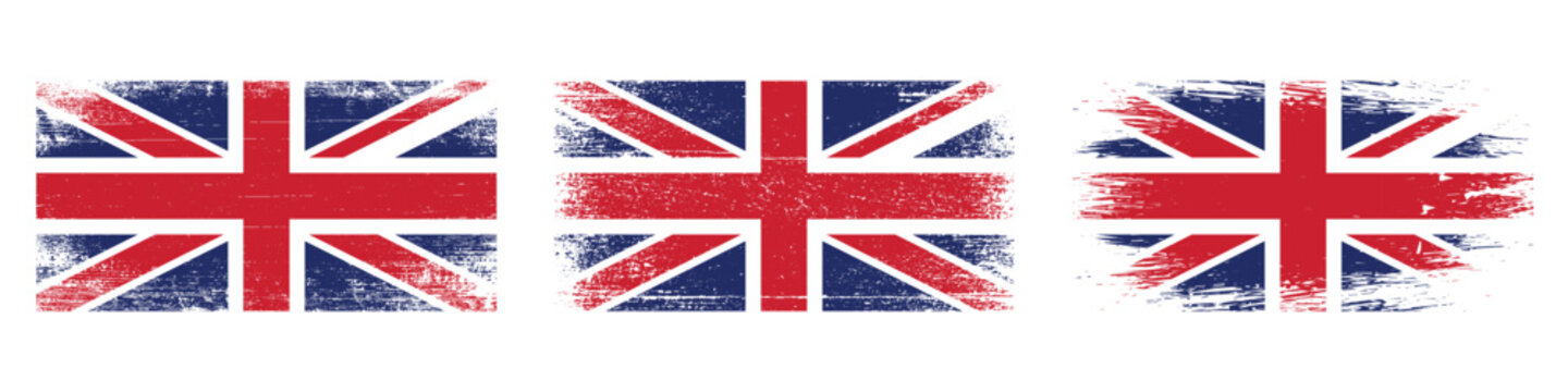 Three Vintage Union Jack flags with distressed texture on white background