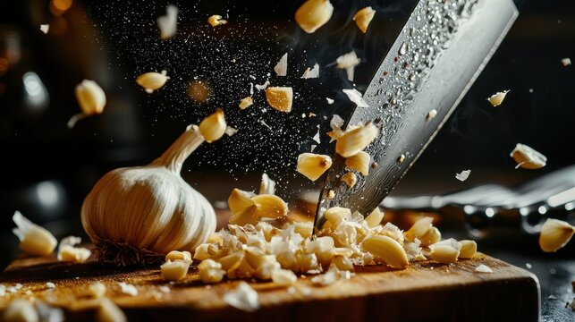Garlic mincing action cloves frozen mid-air chef knife motion blur blade sharp focus fragments scattered dark kitchen background cutting board food preparation
