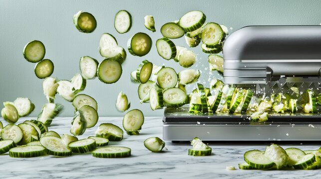 Mandoline slicing cucumber technique vegetable rounds falling geometric pattern kitchen action shot professional equipment precision cutting culinary dynamics marble counter