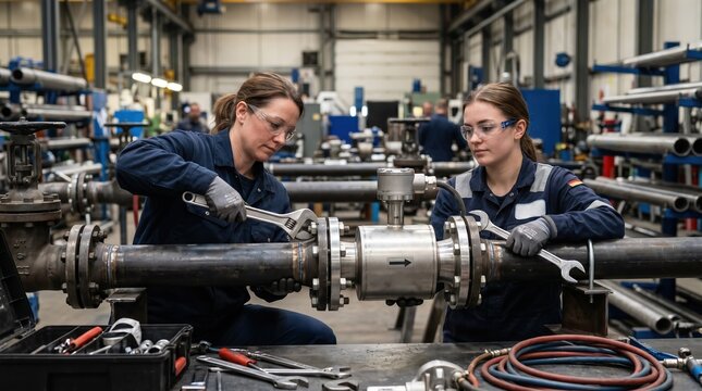 Medium shot of turbine flow meter being integrated into pipeline technicians adjusting fittings to ensure precise pump flow measurement during assembly process.