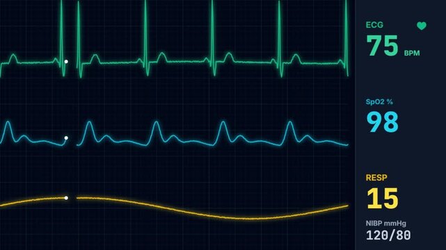 Patient Vital Signs Monitor Interface Showing ECG Heart Rate, SpO2 Oxygen Saturation, and Blood Pressure in Hospital