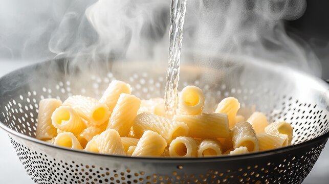Cooked pasta draining rigatoni tubes in perforated strainer water pouring steam rising kitchen moment culinary action food preparation photography