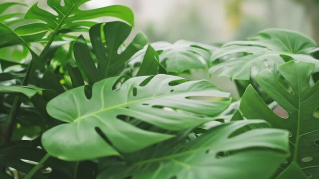 Lush Green Monstera Plant Leaves with Natural Light.