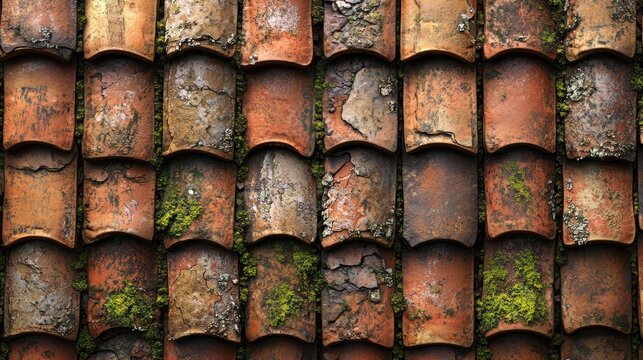 Terracotta surface weathered clay roof tiles traditional Mediterranean architecture rustic ceramic texture natural aging background moss patina authentic