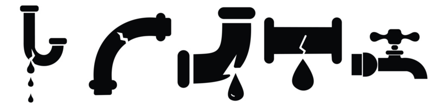 broken pipe and water leak icon set &ndash; burst pipeline, dripping faucet, plumbing damage vector illustration for maintenance and repair services