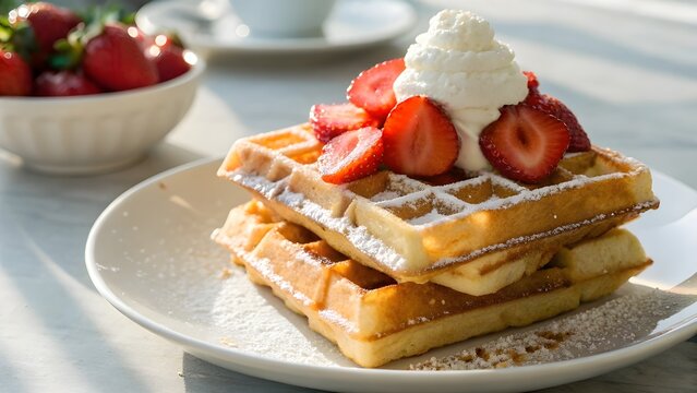 Stack of Waffles Topped with Strawberries and Cream in Vibrant Daylight Presentation, Sweet Breakfast Scene Highlighting Fresh Flavor, Comfort, and Gourmet Indulgence