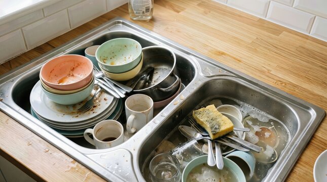 Kitchen sink filled with dirty dishes including bowls, plates, and cups, alongside a sponge in soapy water on a wooden countertop in a domestic setting