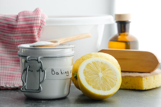 Natural remedies: baking soda, lemon, vinegar, cold water for removing stains from clothes. Sustainable living and zero waste concept