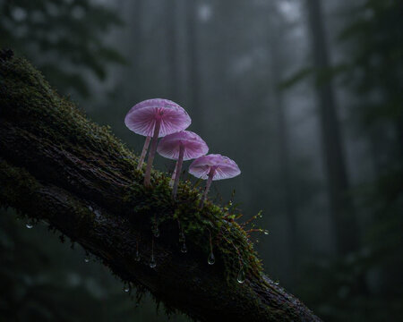 Pink Mushrooms Growing on Mossy Branch &ndash; Mystical Forest Macro Scene