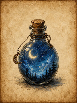 Fantasy Glass Bottle Containing Night Sky and Forest &ndash; Magical Concept Art