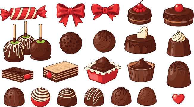 Chocolate sweets set with candies truffles cakes waffles and desserts delicious cartoon illustration collection