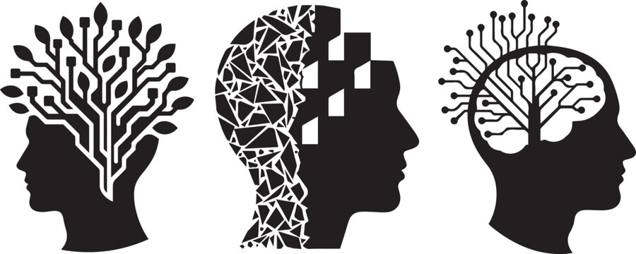 Artificial intelligence human head silhouettes, digital brain technology and neural network concepts, set of 3 black and white vector icons