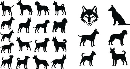 Large Set of Black Dog Breed Silhouettes and Wolf Head Mascot Illustration for Veterinary Clinics and Pet Shop Branding © fulbabu