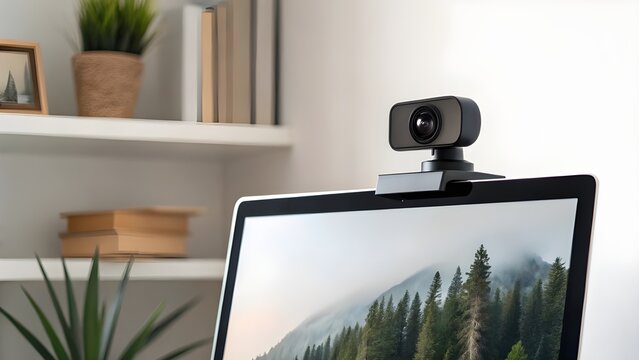 External Webcam Clipped to Monitor in Minimalist Home-Office Aesthetic, Modern Video Communication Device Symbolizing Remote Work and Digital Connectivity Lifestyle