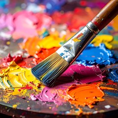 Obraz premium A paintbrush lies on a palette with colorful paint smears