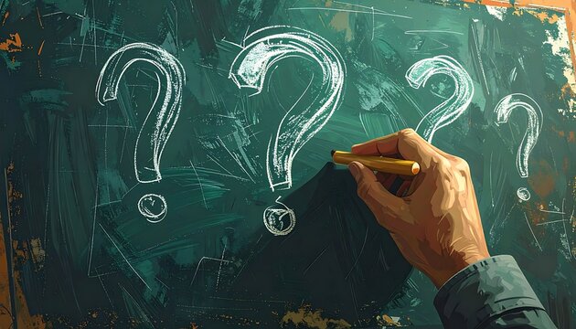 A hand drawing question marks on a dark green background