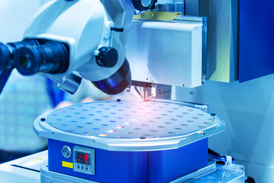 silicon wafer with needles for test of semiconductor on the probe station,examining a sample of microchip transistor