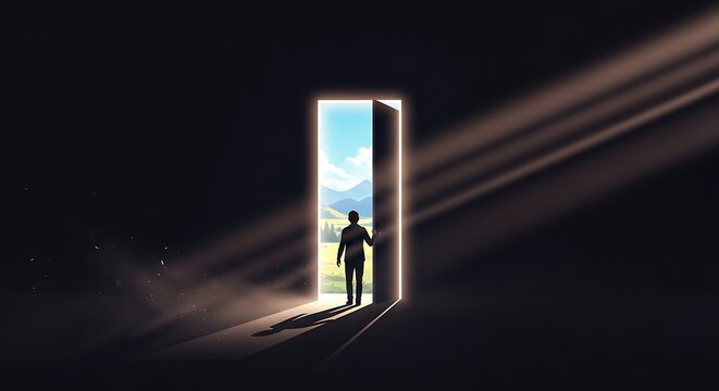 Man standing in dark room opening door to bright green landscape with sunlight rays streaming through doorway symbolizing hope new beginnings and freedom in creative conceptual digital artwork piece
