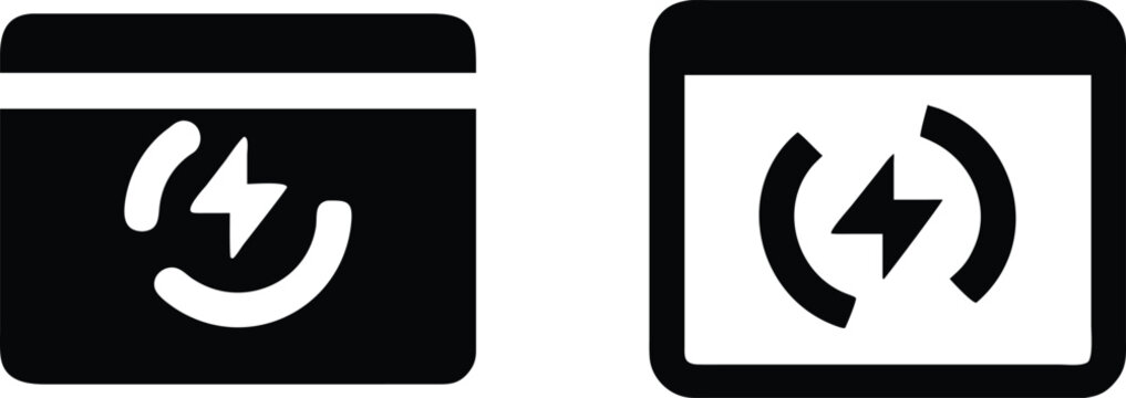 Energy charging notification icons with lightning bolt symbol in window frames for battery status or technology status.