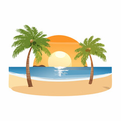 Obraz premium vector beach scene with palm trees and sunset