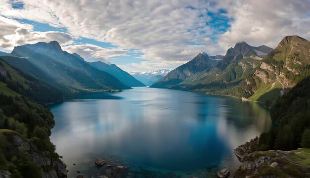 Ultra-smooth aerial shot over deep blue alpine lake, opening into a sweeping panorama of lush valleys and majestic mountains, warm sunlight, drifting clouds casting shadows, peaceful European wilderne