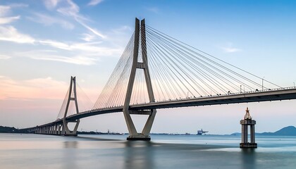 Obraz premium A large suspension bridge over a body of water at dusk