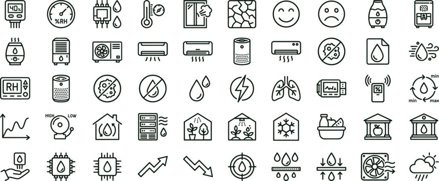 Climate control and air quality monitoring icon set with temperature humidity ventilation system line vector icons for smart home applications