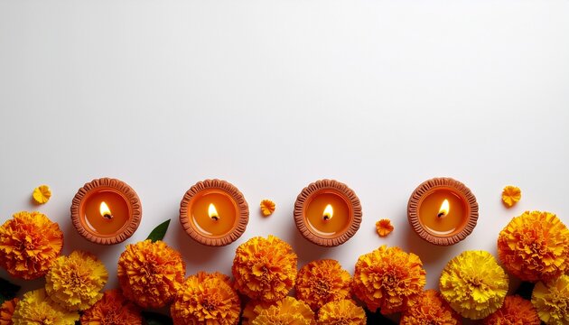 Top view of four decorative deepavali diyas and festive floral border on white surface