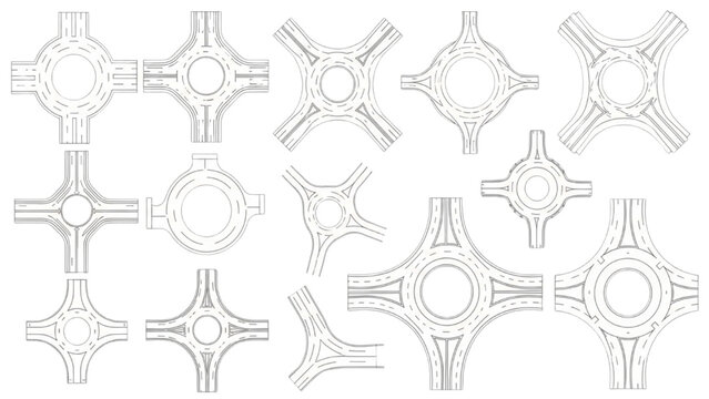 Top view road intersection layouts with roundabouts junction configurations and urban traffic planning designs vector set